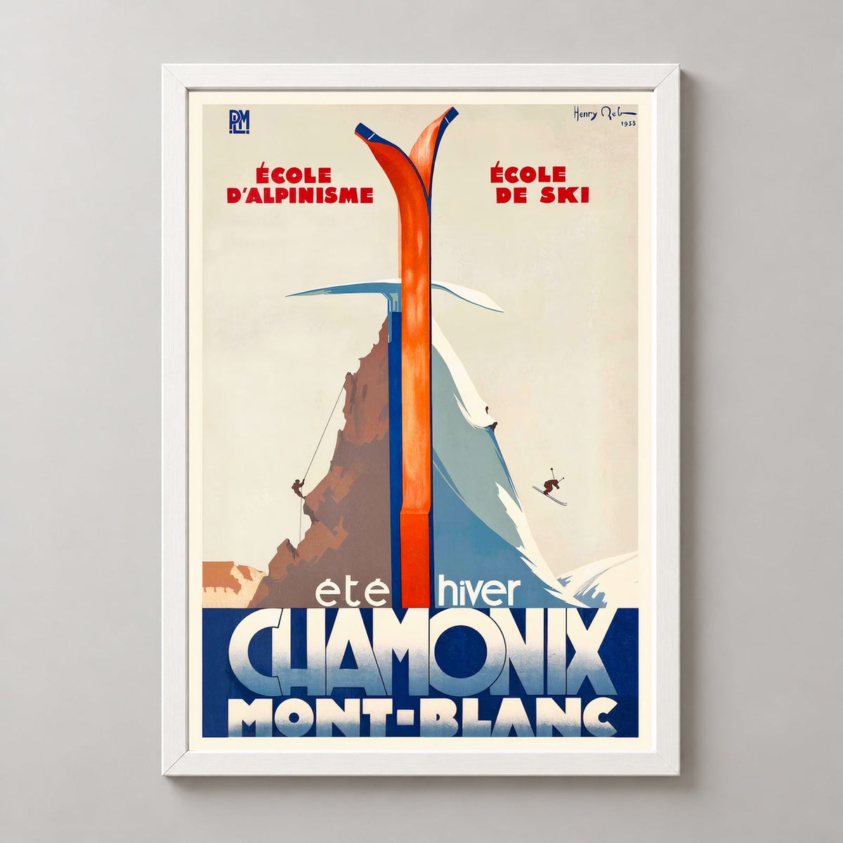Summer and Winter Sport Chamonix Mont Blanc France Vintage Ski Poster — realistic white frame studio view