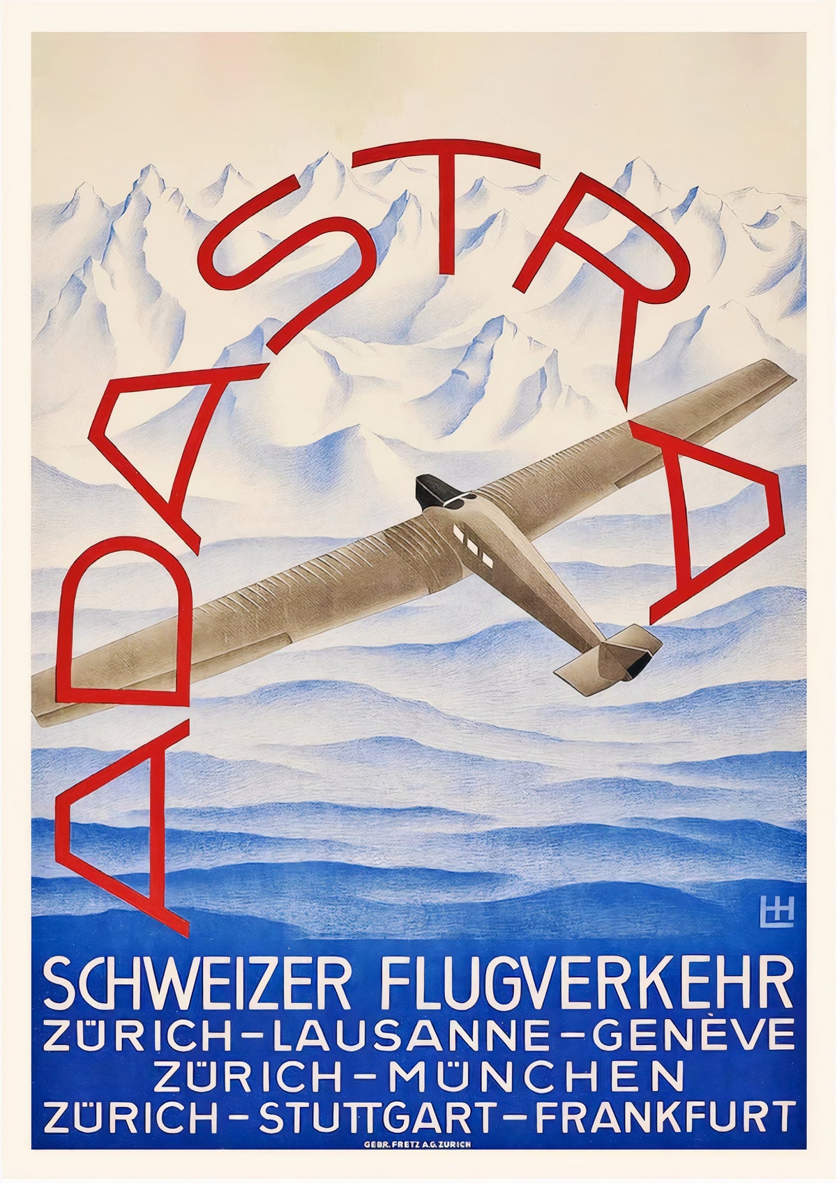 Ad Astra Aero Airline Traffic Zurich Lausanne Geneve Switzerland - Vintage Travel Poster — poster only, complete unframed artwork