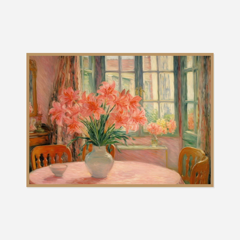 Flowers by the Window — front view in a natural wood frame