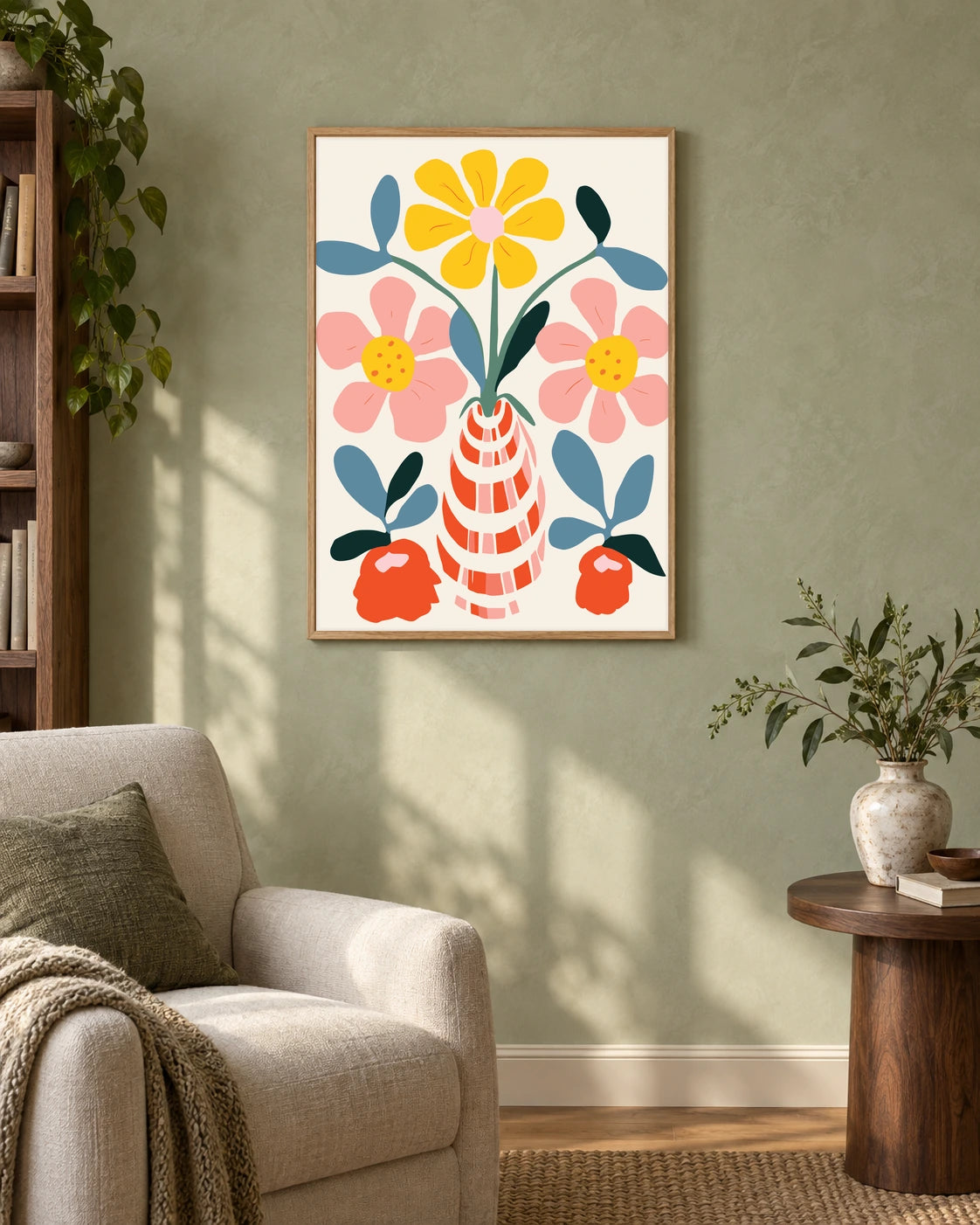 Flowers in a Striped Vase — styled room visualisation in a natural wood frame