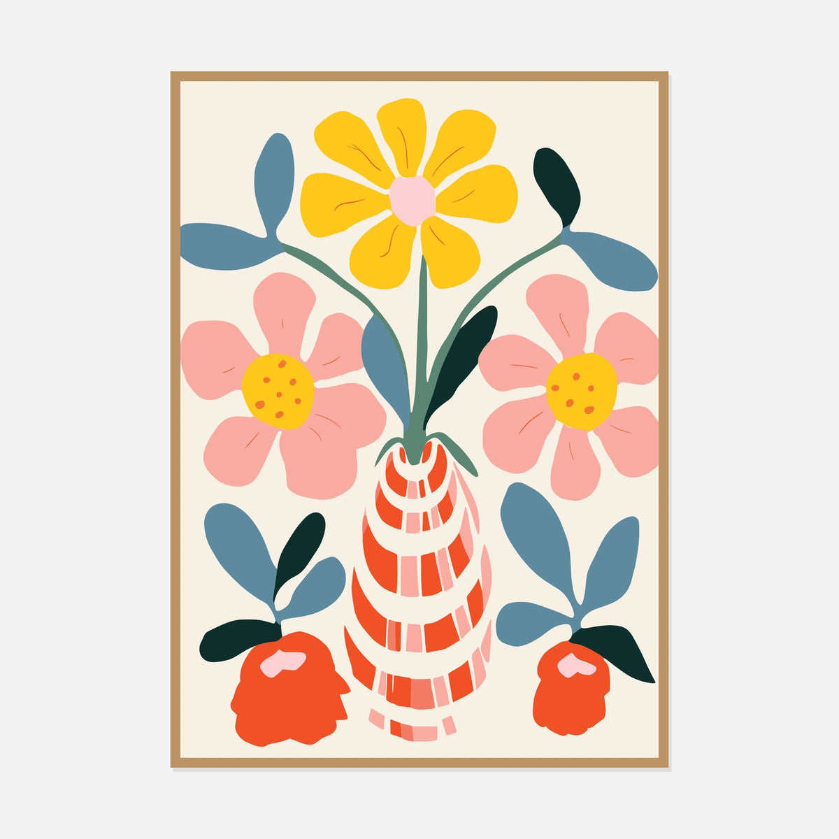 Flowers in a Striped Vase — front view in a natural wood frame