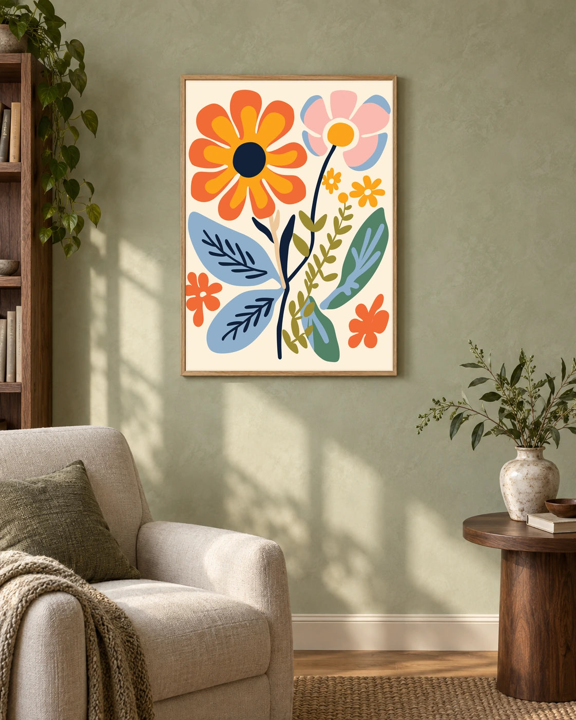 Folk Daisy Garden — styled room visualisation in a natural wood frame