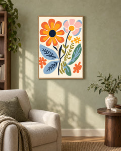 Folk Daisy Garden — styled room visualisation in a natural wood frame