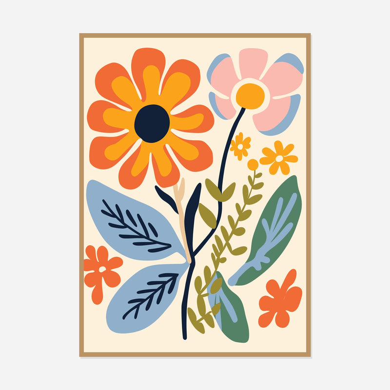 Folk Daisy Garden — front view in a natural wood frame