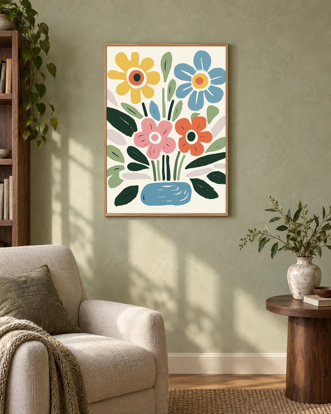 Folk Flowers in a Blue Vase Art Print in a styled interior