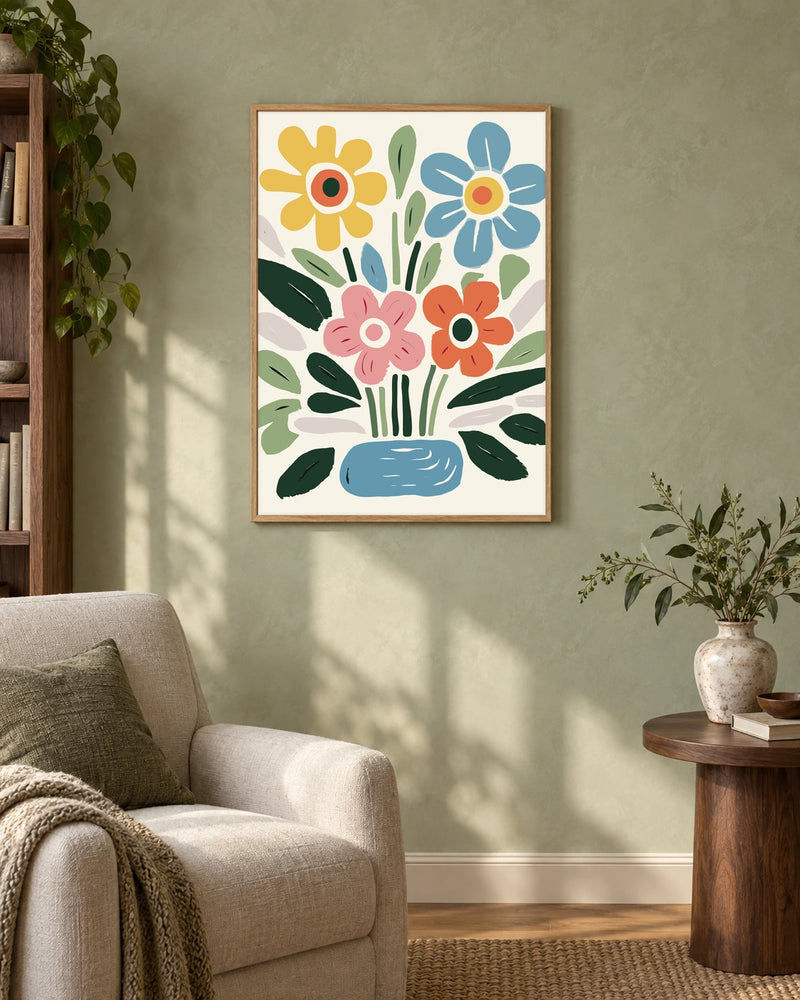 Folk Flowers in a Blue Vase — styled room visualisation in a natural wood frame