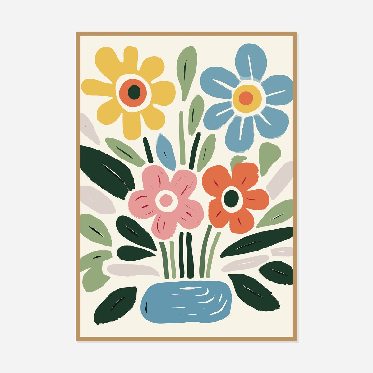 Folk Flowers in a Blue Vase — front view in a natural wood frame