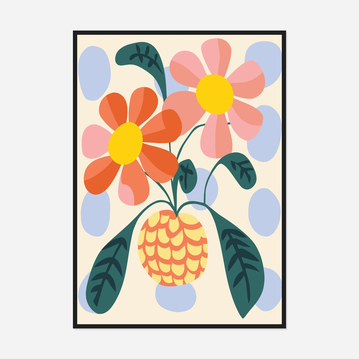 Folk Flowers in a Yellow Vase — front view in a black frame