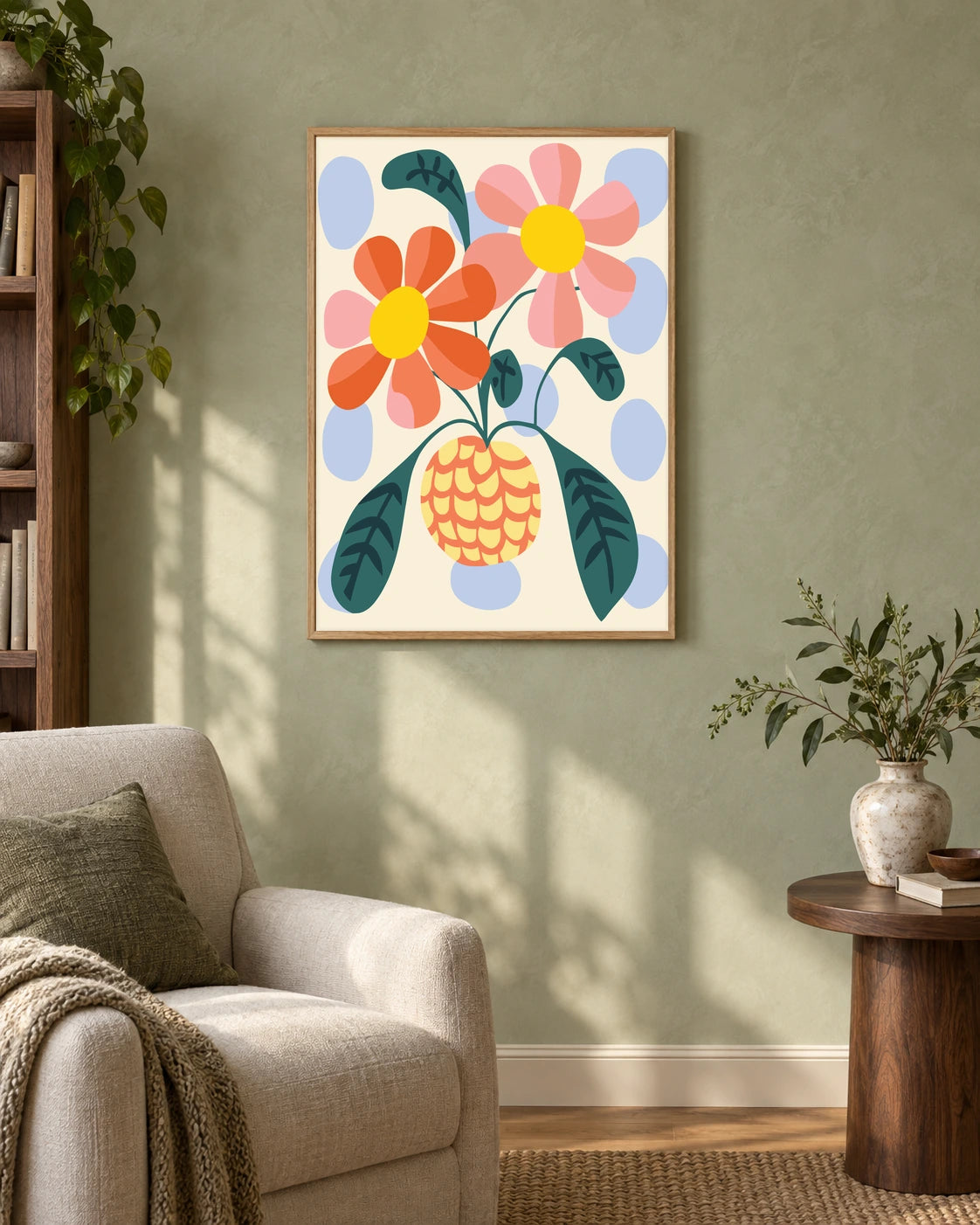 Folk Flowers in a Yellow Vase Art Print in a styled interior