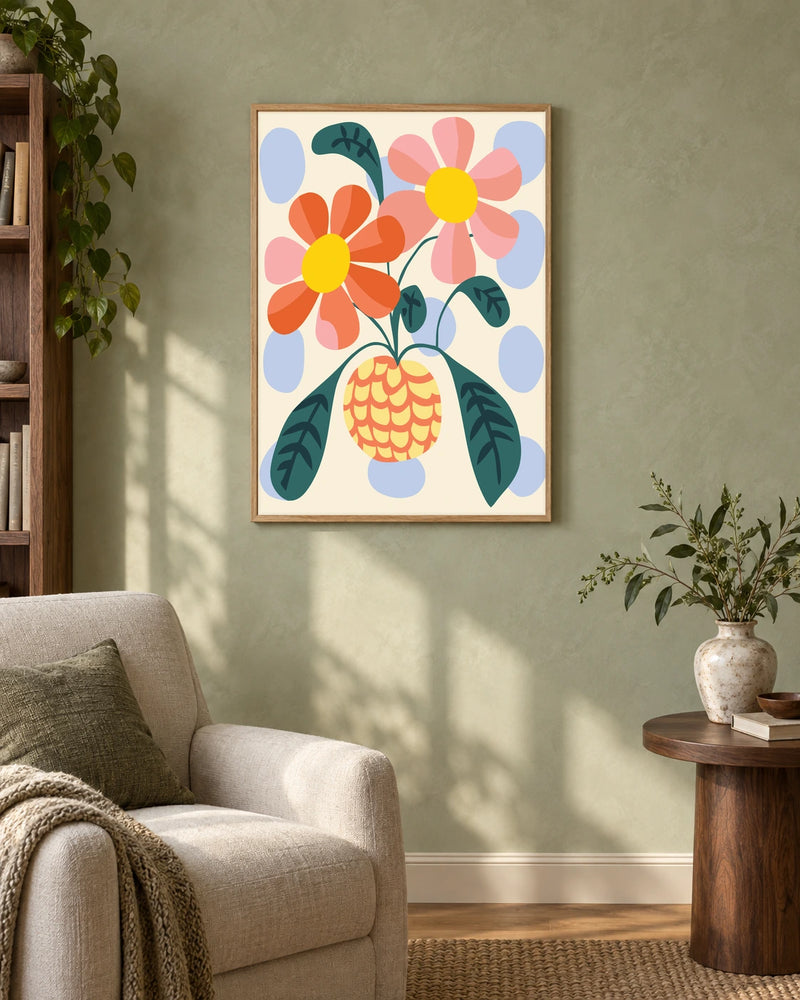 Folk Flowers in a Yellow Vase — styled room visualisation in a natural wood frame