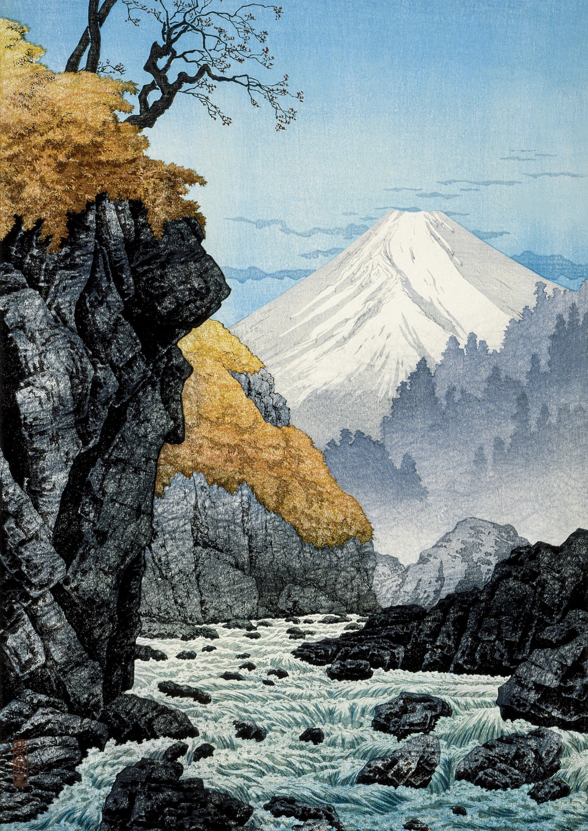 Foot of Mount Ashitaka Art Print by Hiroaki Takahashi. A rocky stream leads the eye towards a snow-covered mountain beneath a clear blue sky