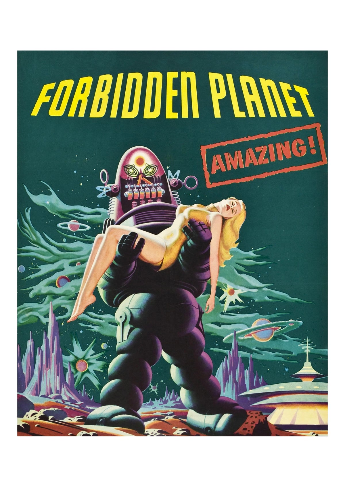 Forbidden Planet Vintage Movie Poster (1956). Robby the Robot stands against an otherworldly green landscape in this Forbidden Planet poster