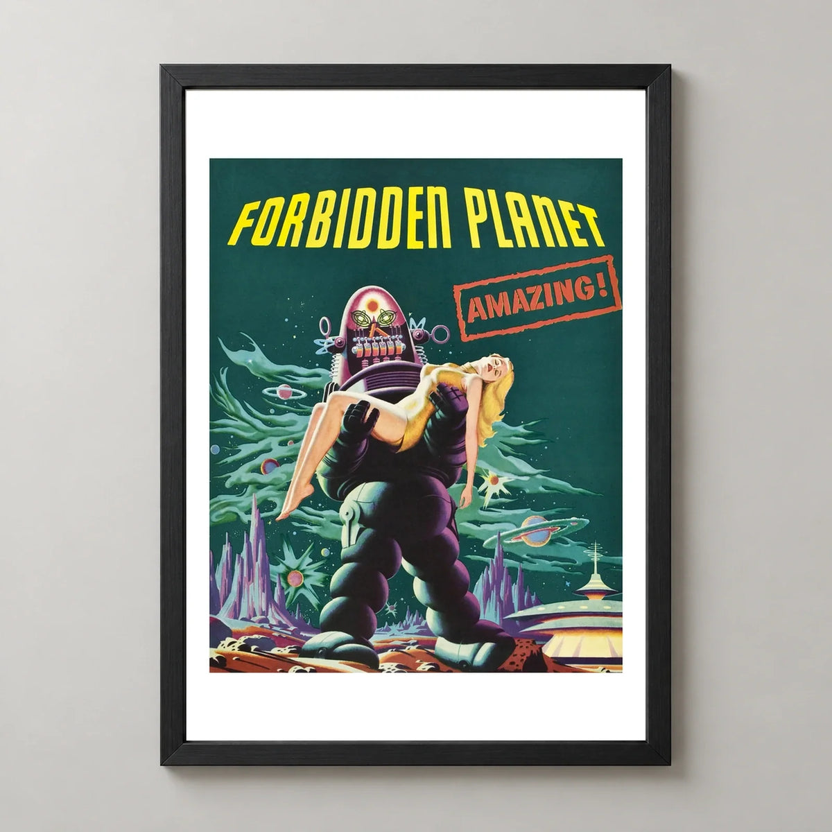 Forbidden Planet Vintage Movie Poster (1956) in a black frame, front view