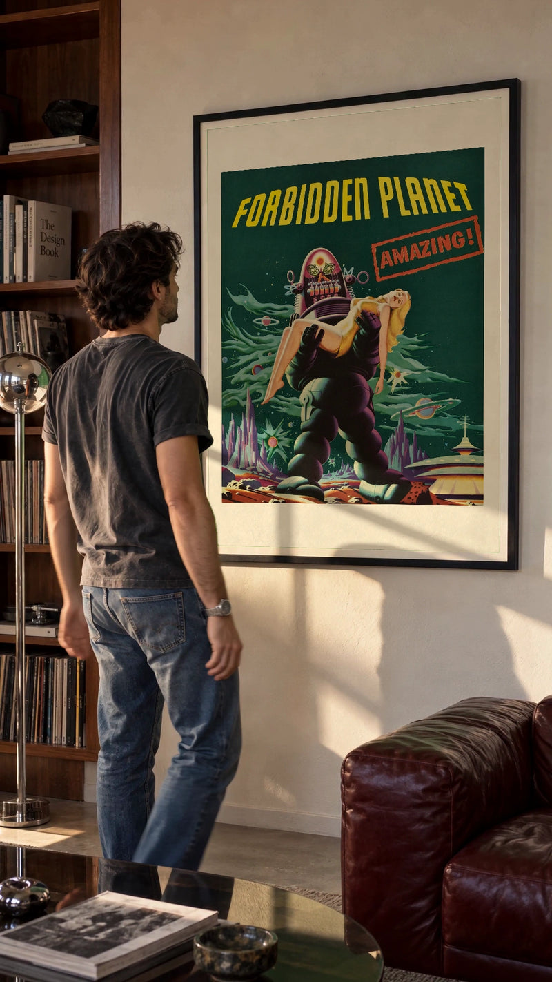 Forbidden Planet in a black frame being hung on a wall; styled scene