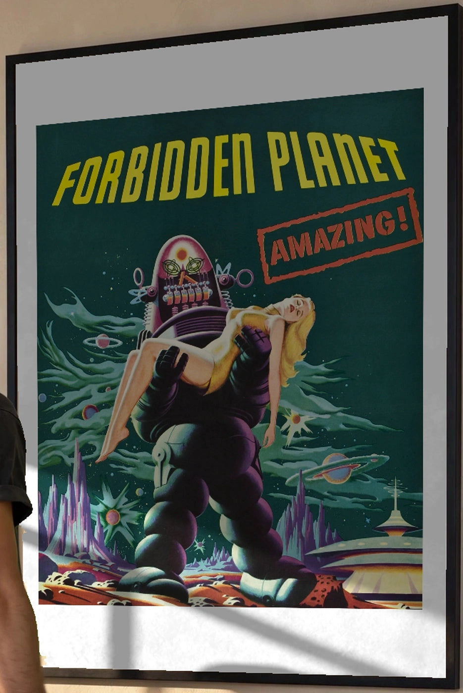 Forbidden Planet Vintage Movie Poster (1956) in a black frame; close-up of the framed artwork.