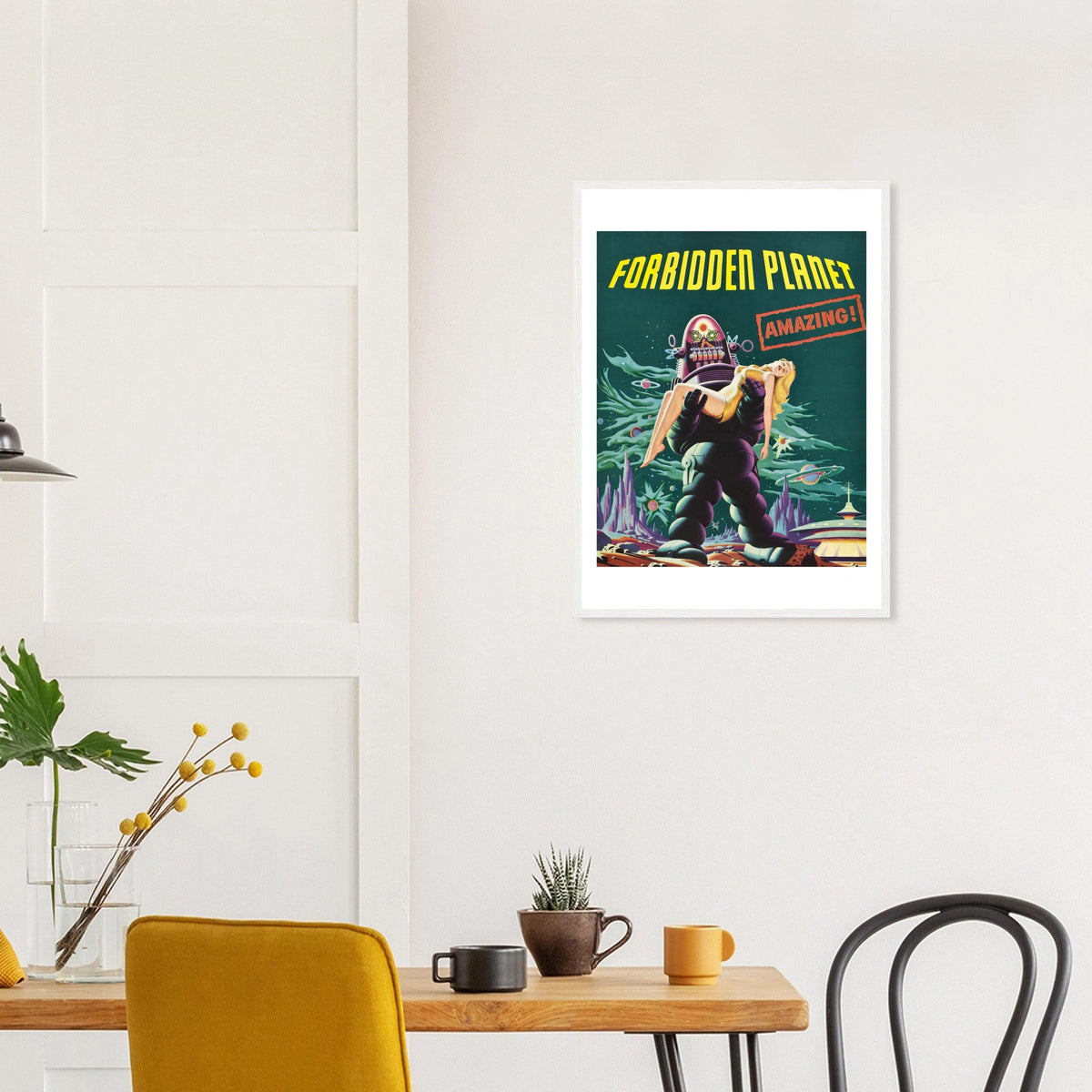 Forbidden Planet in a white frame above a dining table; styled room mockup