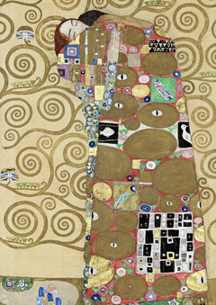 Fulfillment Art Print by Gustav Klimt. An embracing couple is enveloped in a richly patterned golden surface