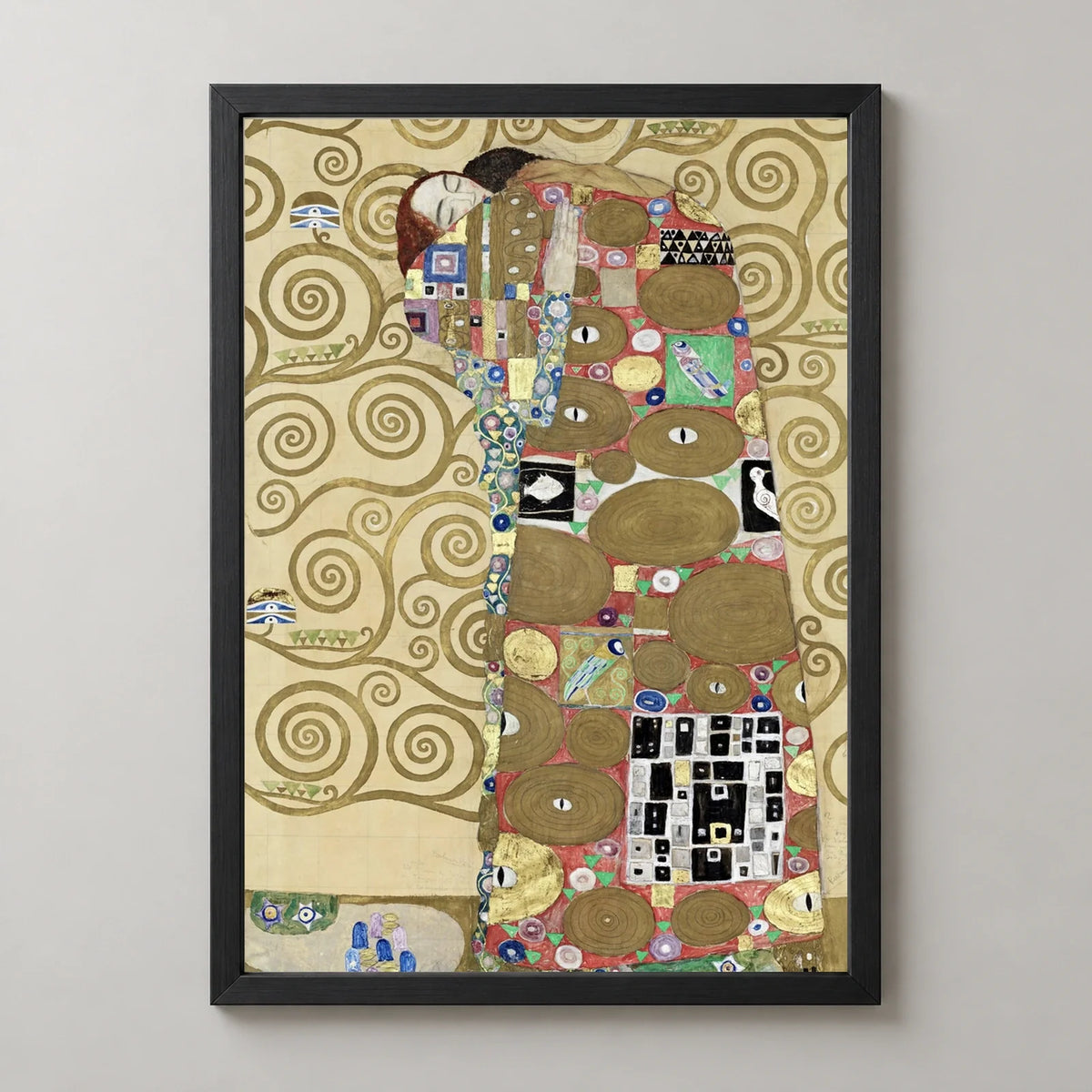Fulfillment Art Print by Gustav Klimt in a black frame, front view