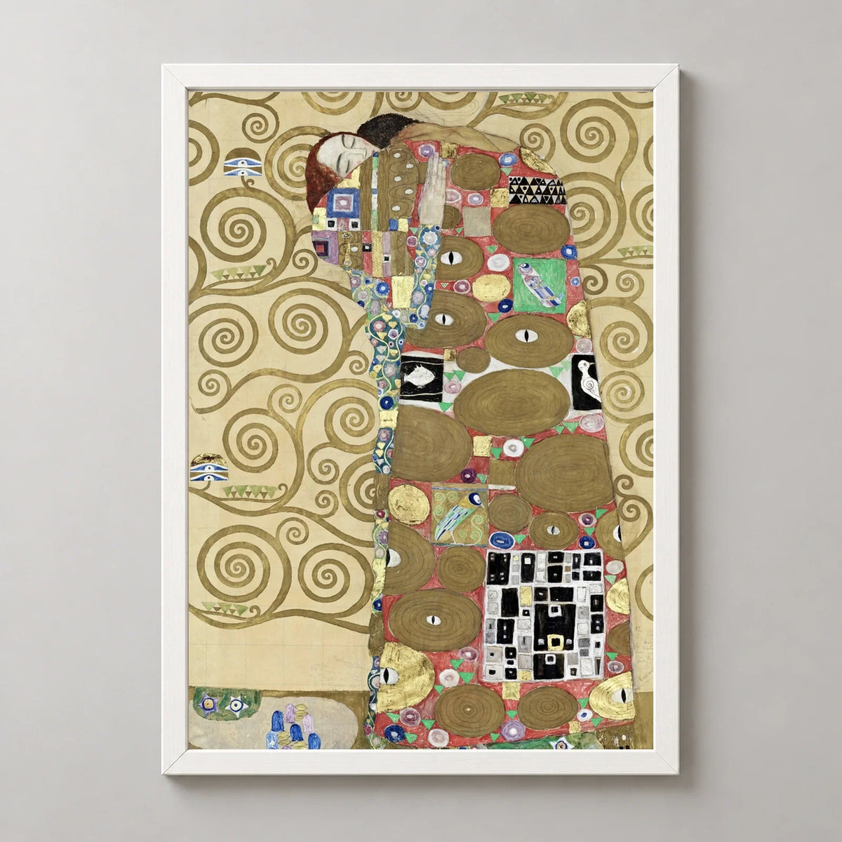Fulfillment Art Print by Gustav Klimt in a white frame, front view