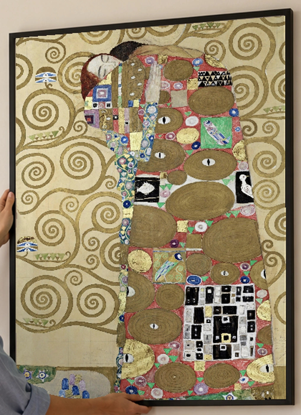 Fulfillment Art Print by Gustav Klimt in a black frame; close-up of the framed artwork.