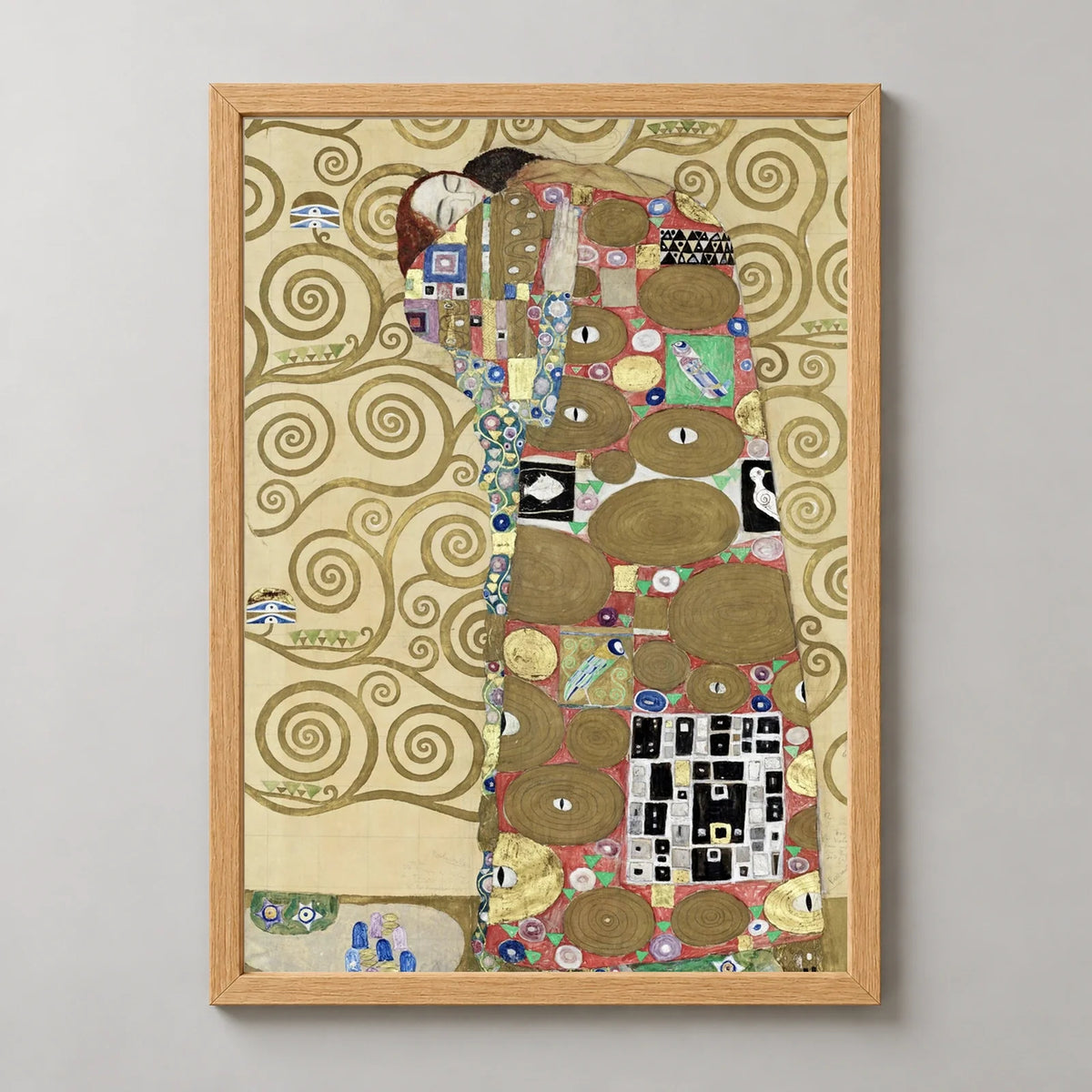 Fulfillment Art Print by Gustav Klimt in a natural wood frame, front view