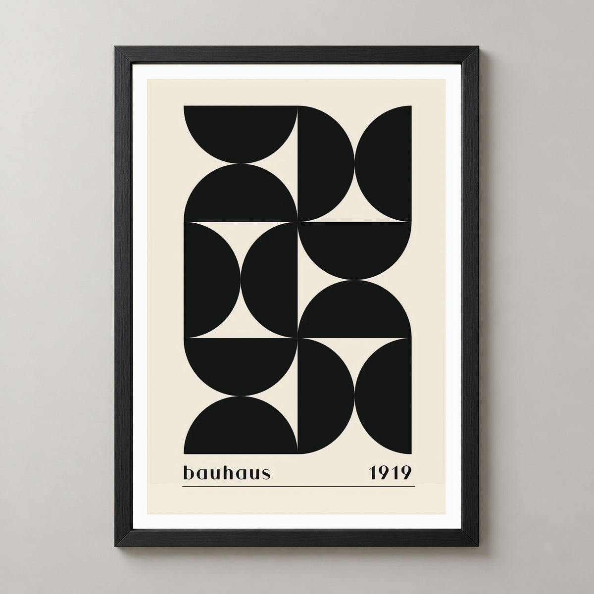 Bauhaus 1919 - Minimalist Geometric Art Print (Black) — realistic black frame studio view