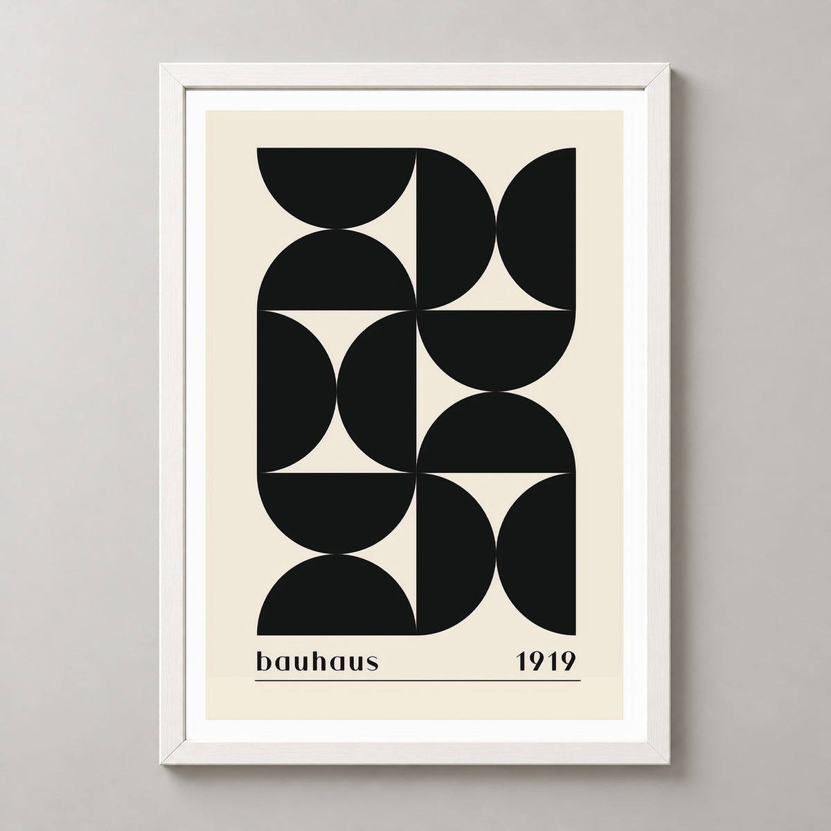Bauhaus 1919 - Minimalist Geometric Art Print (Black) — realistic white frame studio view