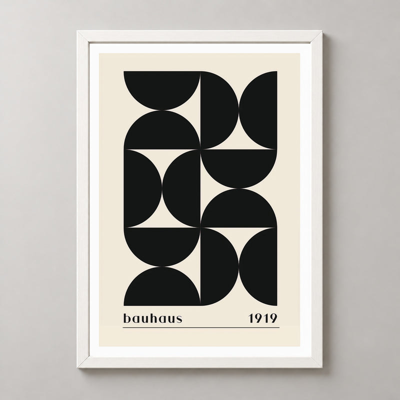 Bauhaus 1919 - Minimalist Geometric Art Print (Black) — realistic white frame studio view