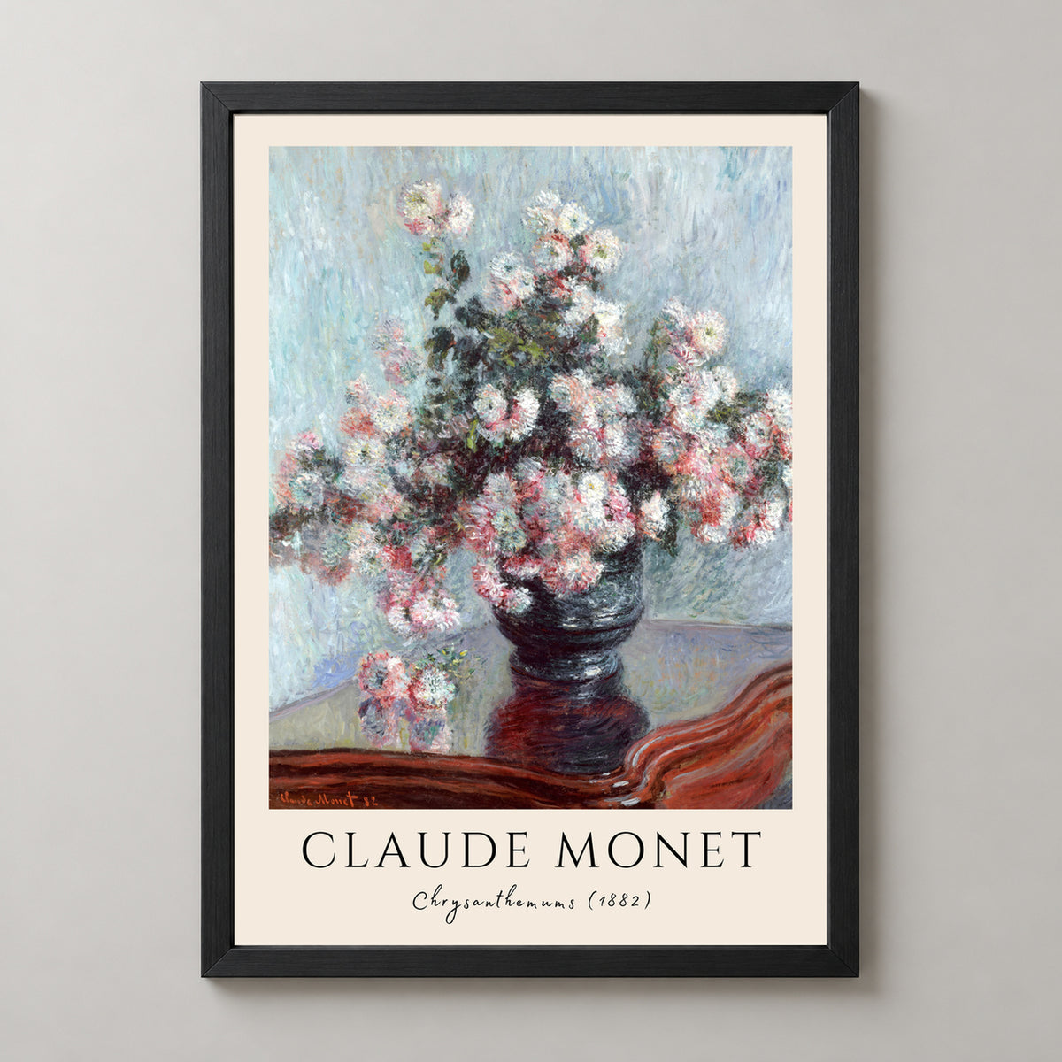 Claude Monet's Chrysanthemums (1882) - Iconic Impressionist Floral Art Print — realistic black frame studio view