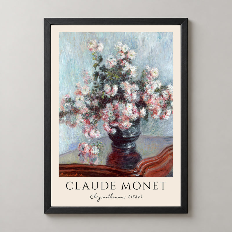 Claude Monet's Chrysanthemums (1882) - Iconic Impressionist Floral Art Print — realistic black frame studio view