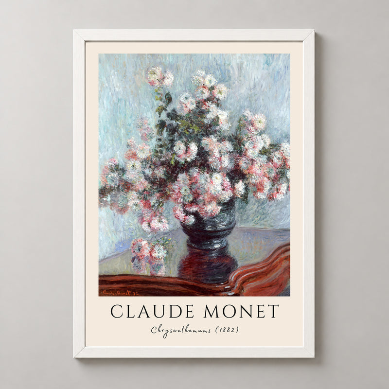 Claude Monet's Chrysanthemums (1882) - Iconic Impressionist Floral Art Print — realistic white frame studio view