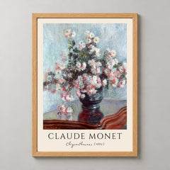 Claude Monet's Chrysanthemums (1882) - Iconic Impressionist Floral Art Print — realistic natural wood frame studio view