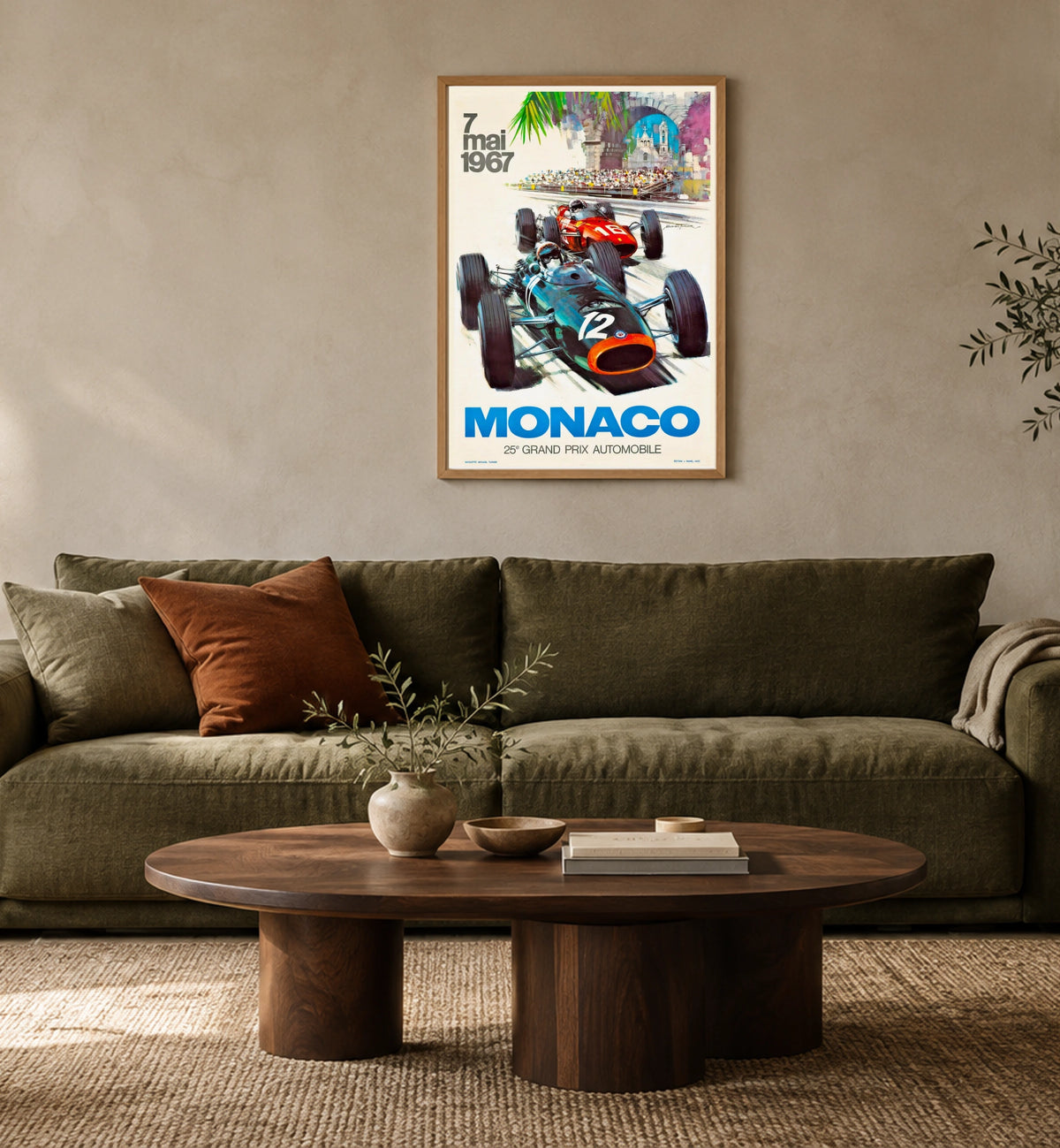 Monaco 25th Grand Prix Automobile 1967 Vintage Racing Poster in a styled interior