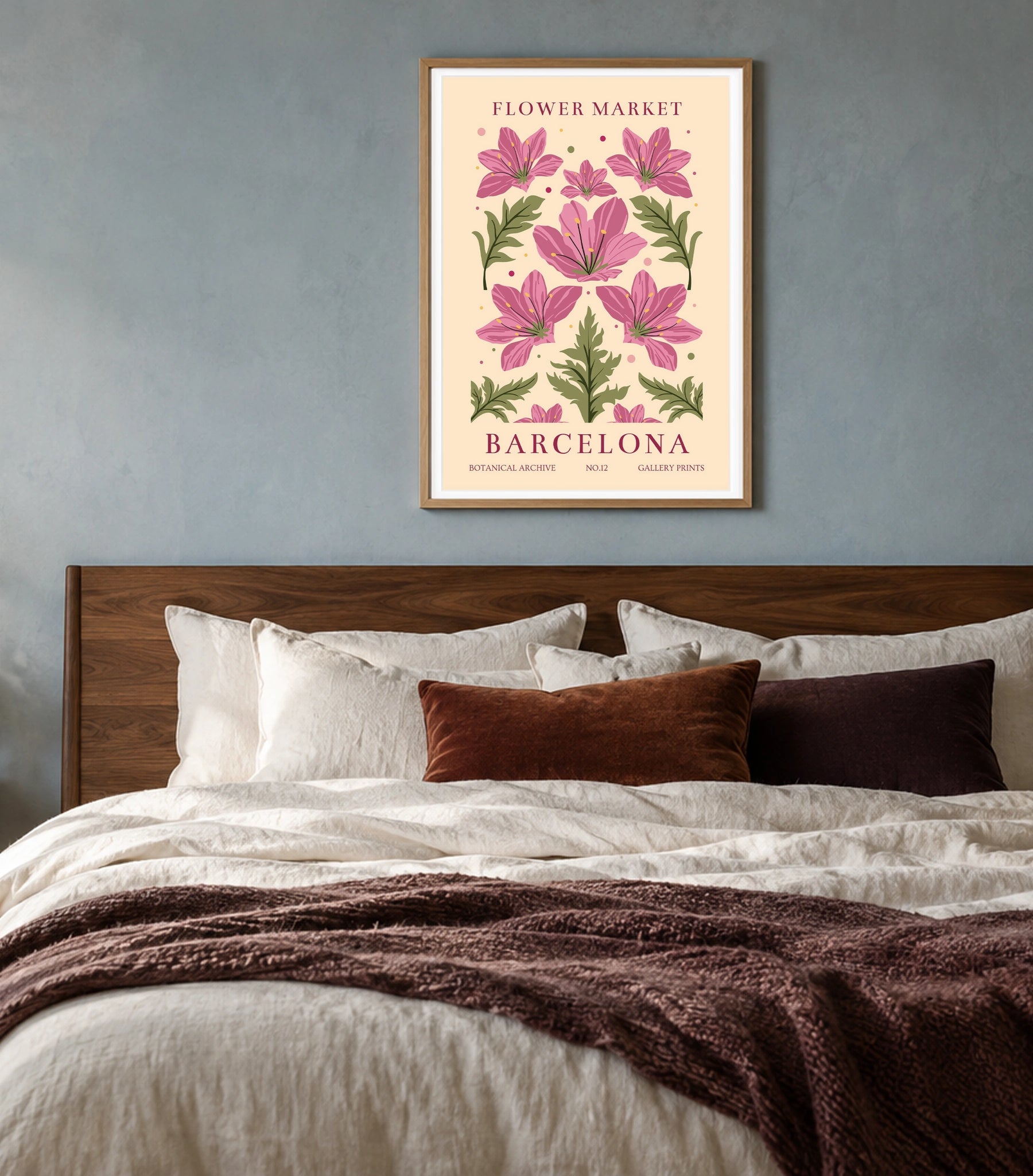 Flower Market in Barcelona - Vibrant Botanical Art Print in a styled interior
