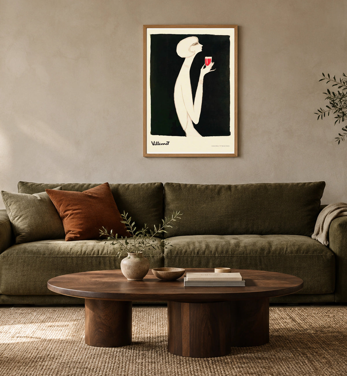 Campari (Bitter) 1977 Vintage Poster | Bernard Villemot in a natural timber frame in a styled room