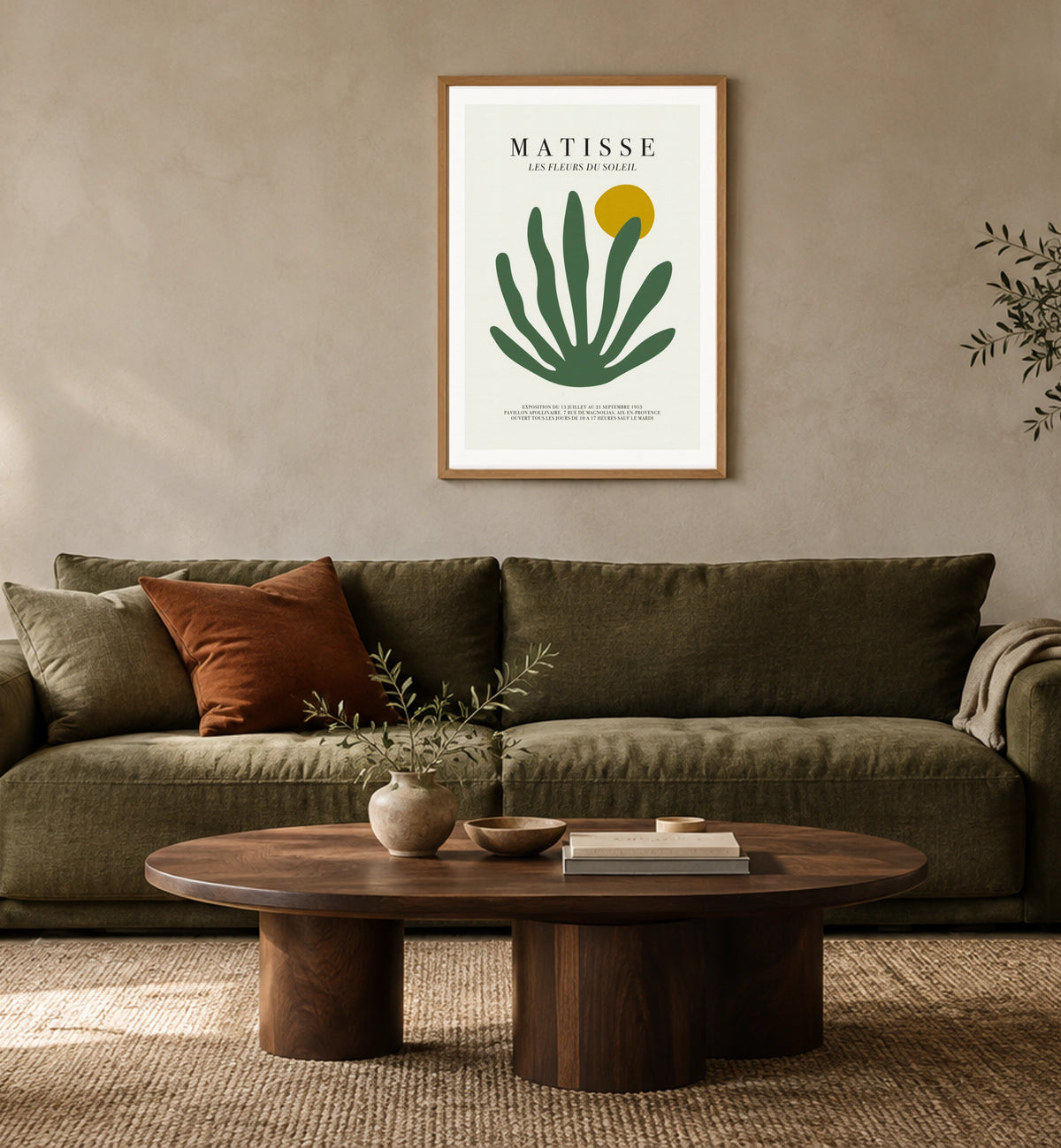 Matisse's Les Fleurs du Soleil - Elegant Botanical Art Print in a natural timber frame in a styled room