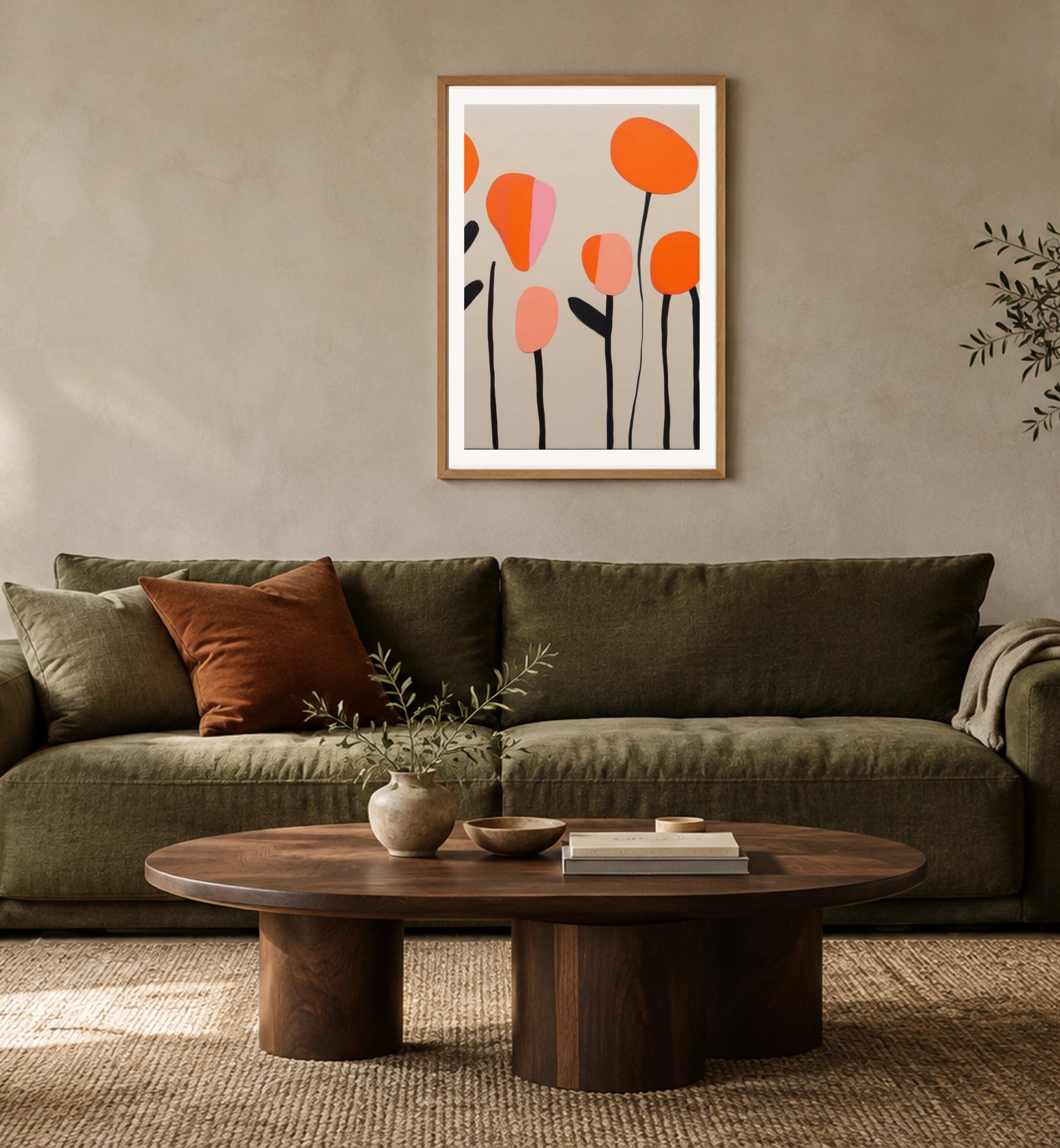 Modern Floral Abstract Art Print - Bright Blossoms in a styled interior