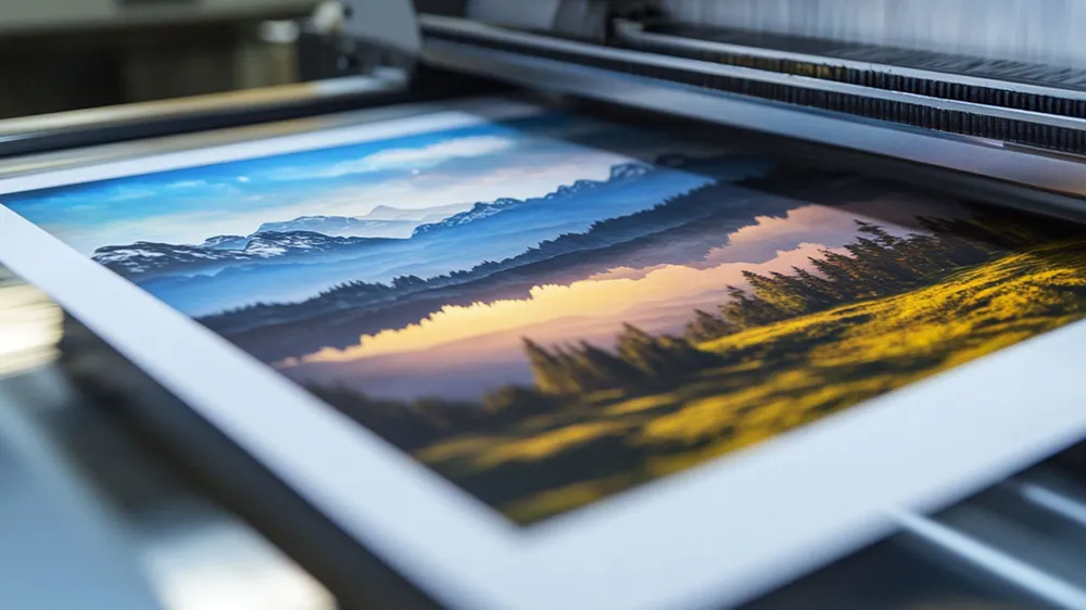 Fine-art landscape print emerging from a large-format printer
