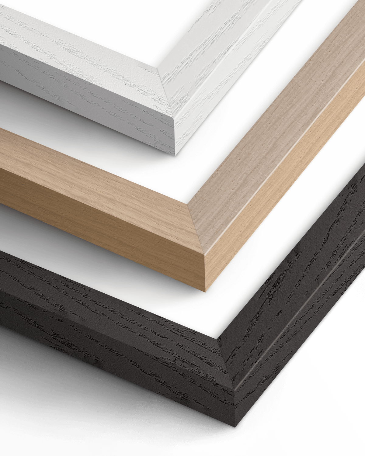 Premium wooden frame corners in white, natural timber and black