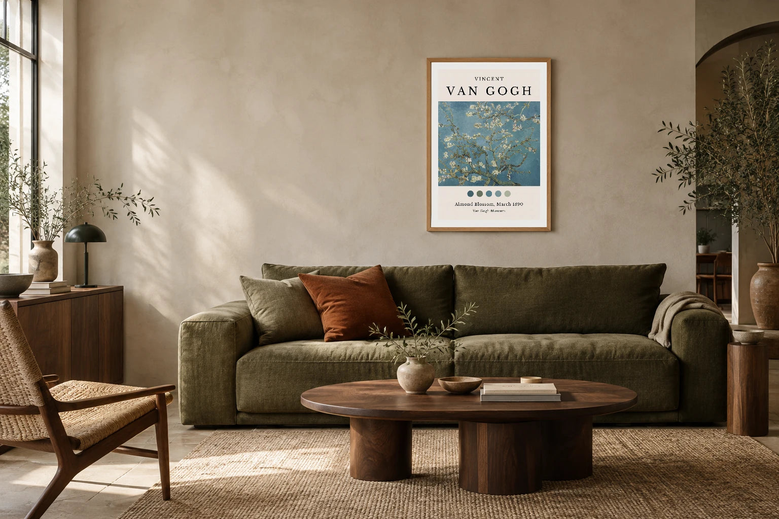 Van Gogh Almond Blossom print in a natural timber frame above an olive sofa