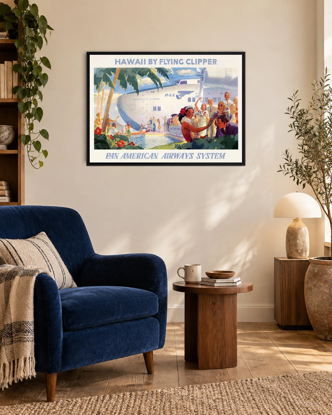 Hawaii Flying Clipper Vintage Travel Poster in a styled interior