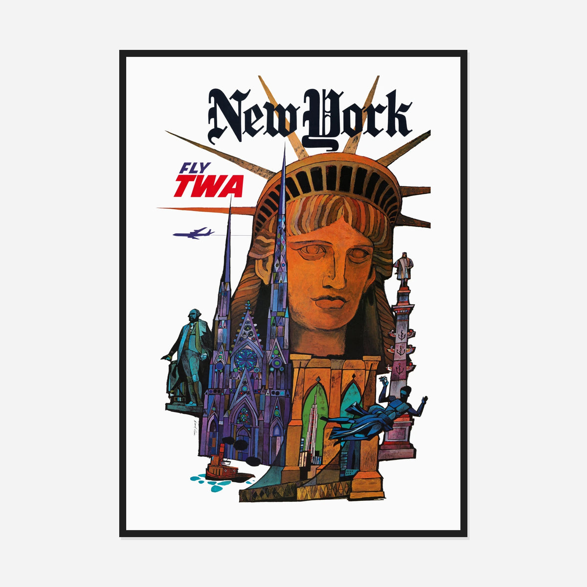 TWA New York — Liberty and Skyline — front view in a black frame