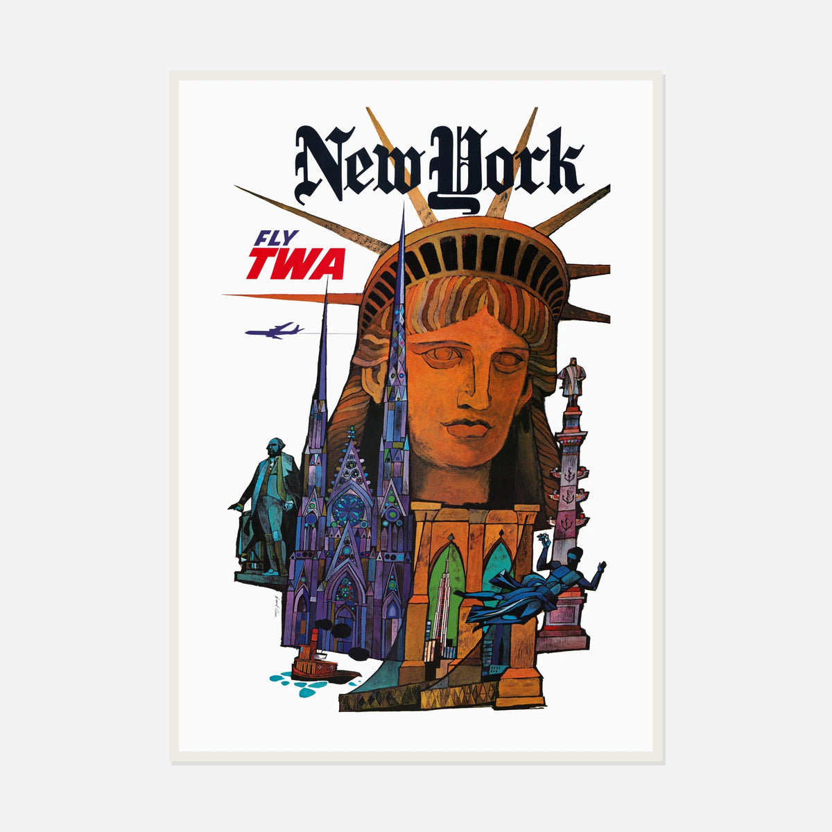 TWA New York — Liberty and Skyline — front view in a white frame