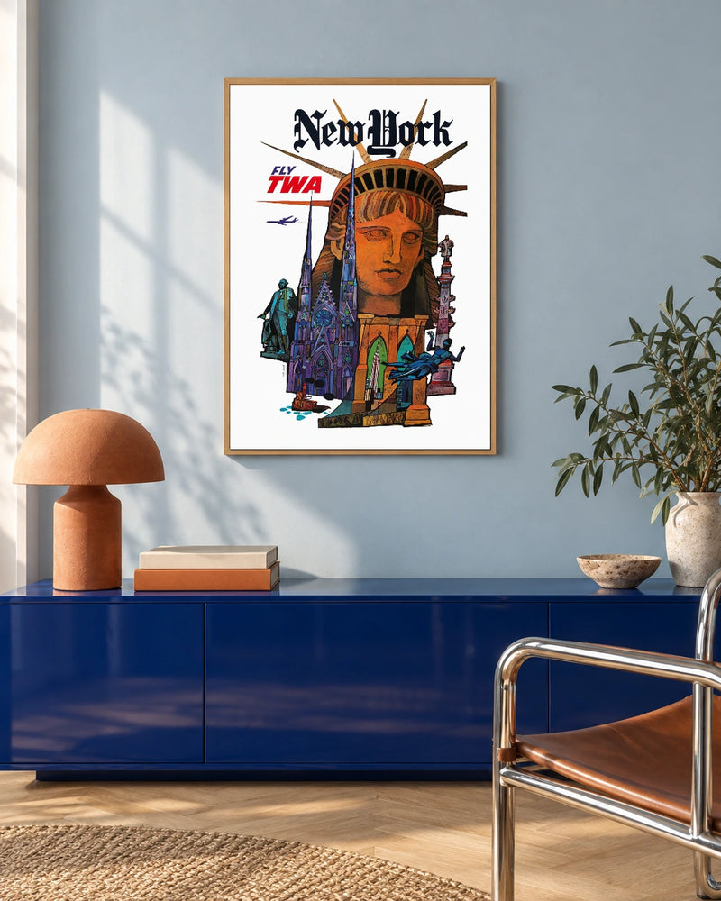 TWA New York — Liberty and Skyline — styled room visualisation in a natural wood frame