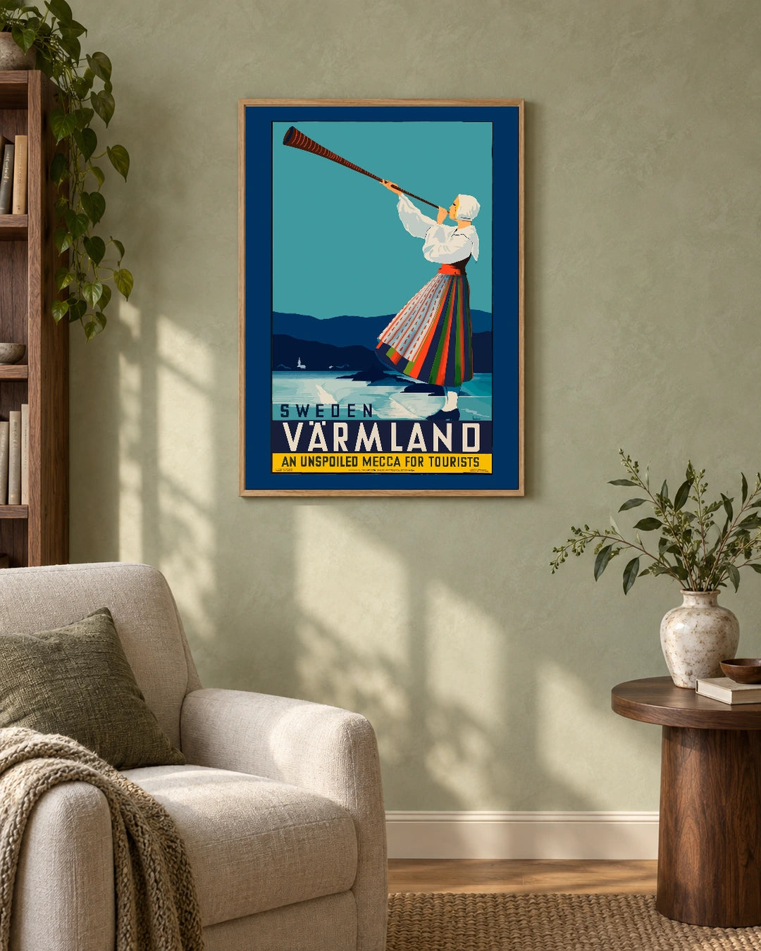 Värmland — styled room visualisation in a natural wood frame