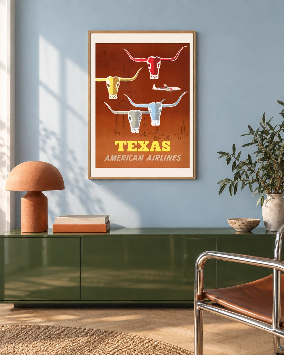 American Airlines Texas — styled room visualisation in a natural wood frame