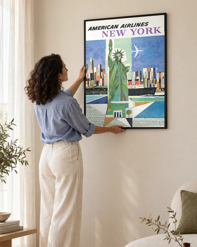 American Airlines New York — styled room visualisation in a black frame