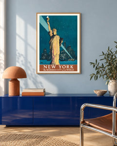 New York — Statue of Liberty — styled room visualisation in a natural wood frame