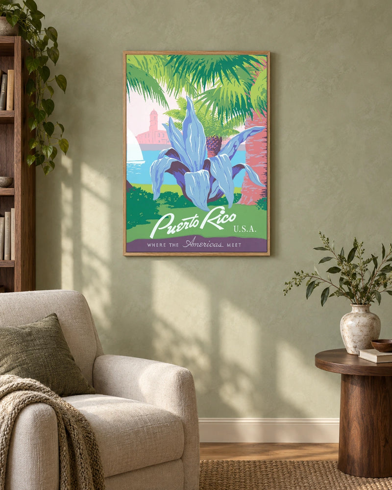 Puerto Rico — Tropical Iris — styled room visualisation in a natural wood frame