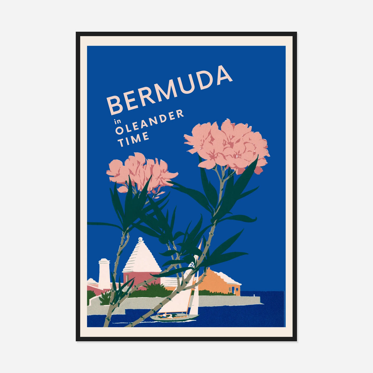 Bermuda — Flowers and Sea — front view in a black frame
